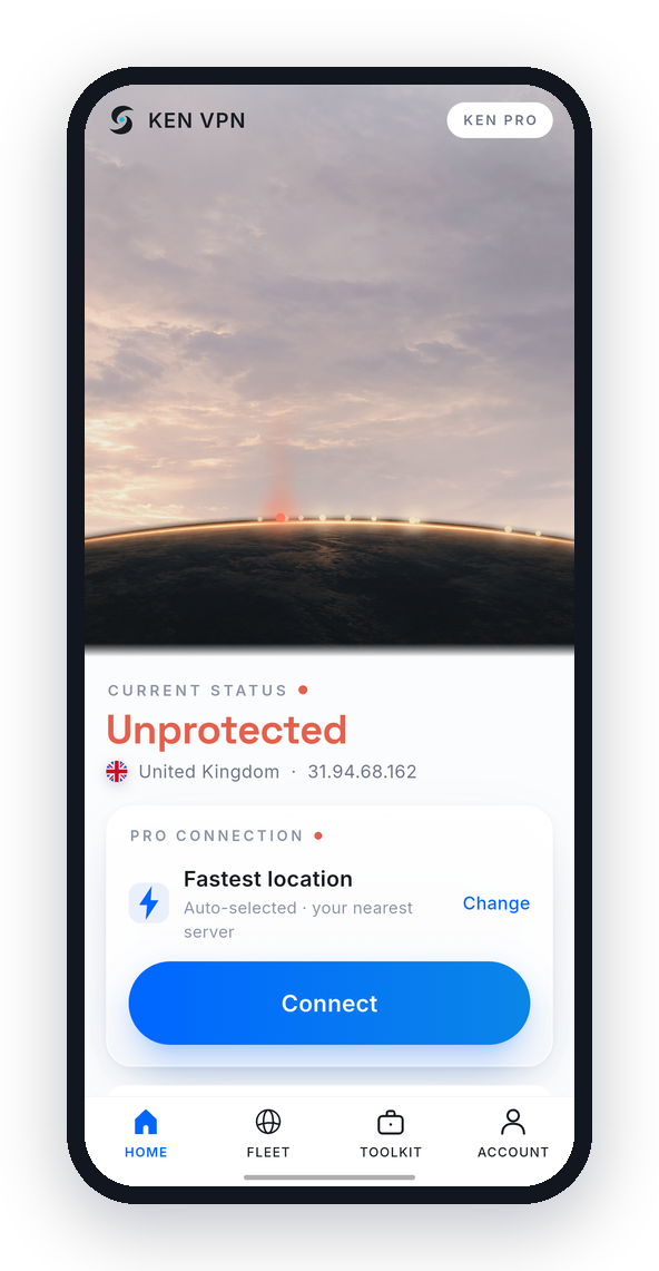KEN VPN app home screen showing a connected tunnel